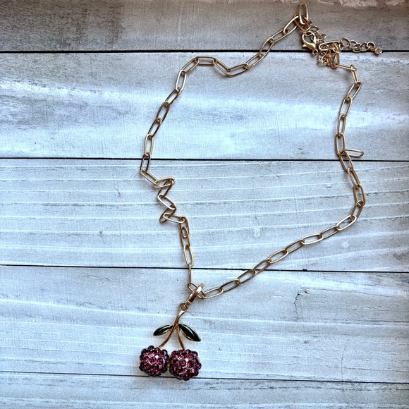 Gold Tone Cherry Pendant Necklace Rhinestone Fruit Charm - Picture 2 of 4